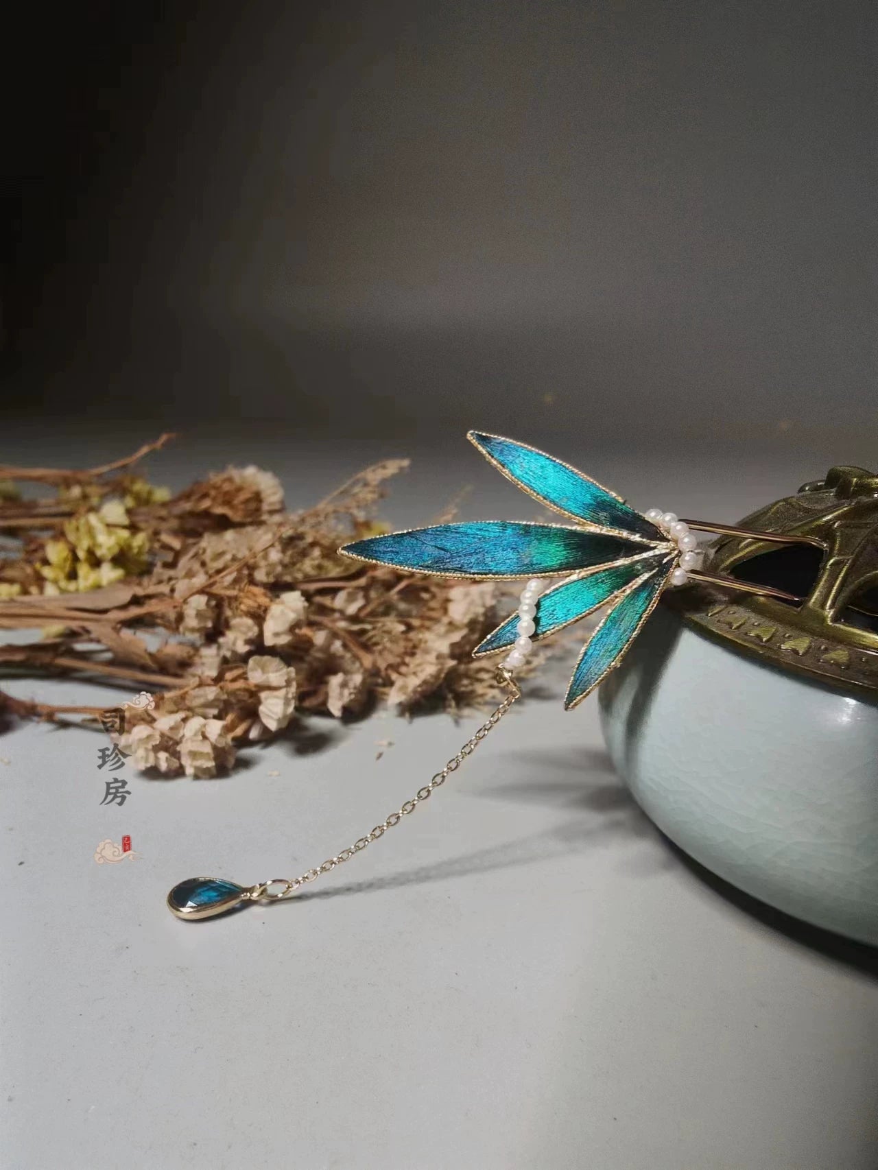 Peacock Feather Bamboo Leaf Chinese Hair Pin with Pearl