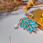 Green-Blue Peacock Feather Swan Brooch