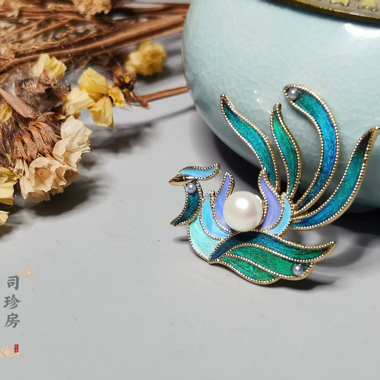 Peacock & Parrot Feather Phoenix Brooch
