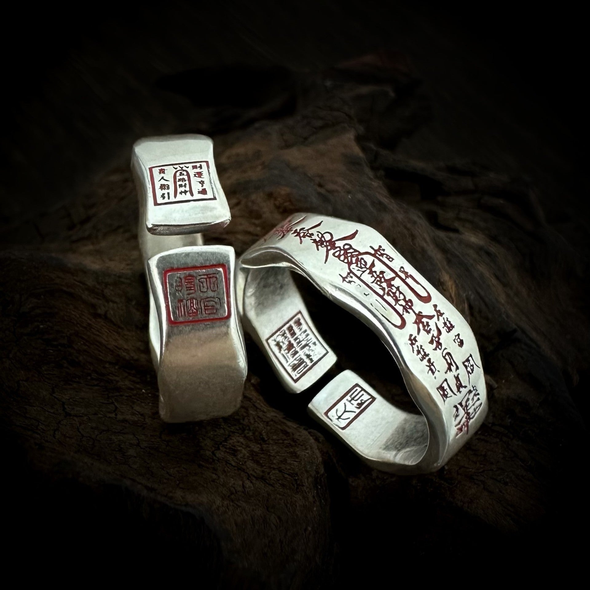 S925 pure silver Taoist series five-way God of Wealth ring, vintage national trend cinnabar energy metaphysical accessory, simple open ring