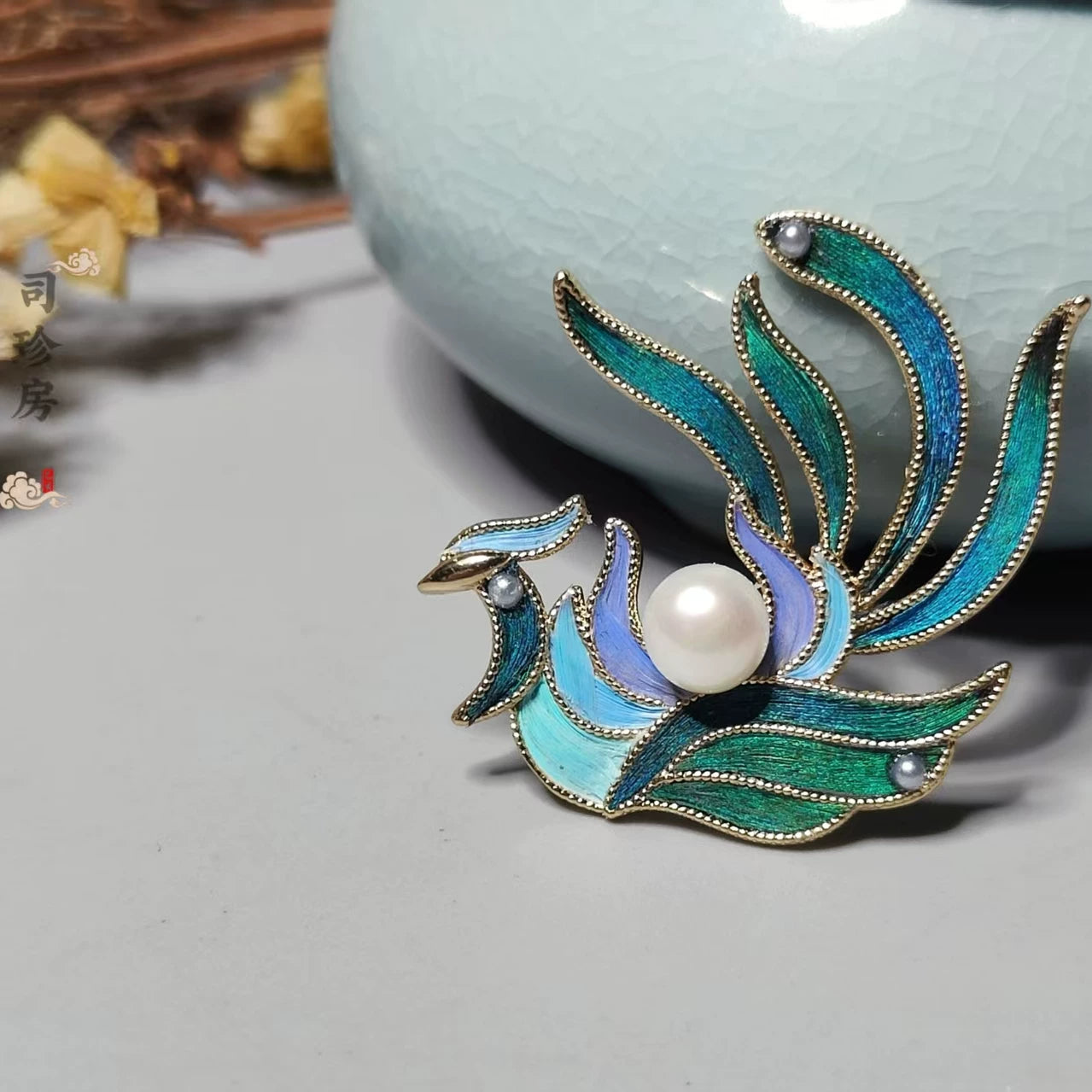 Peacock & Parrot Feather Phoenix Brooch